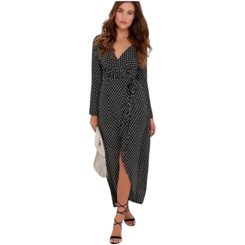 Lulu’s Exclusive Fluent in Stroll Black Wrap Maxi Dress